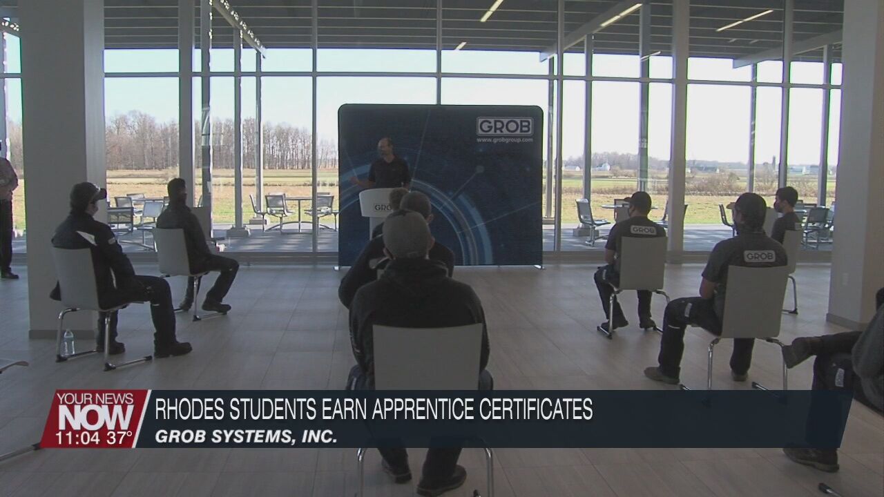 Students at Rhodes State receive apprenticeship certificates from GROB Systems, Inc.